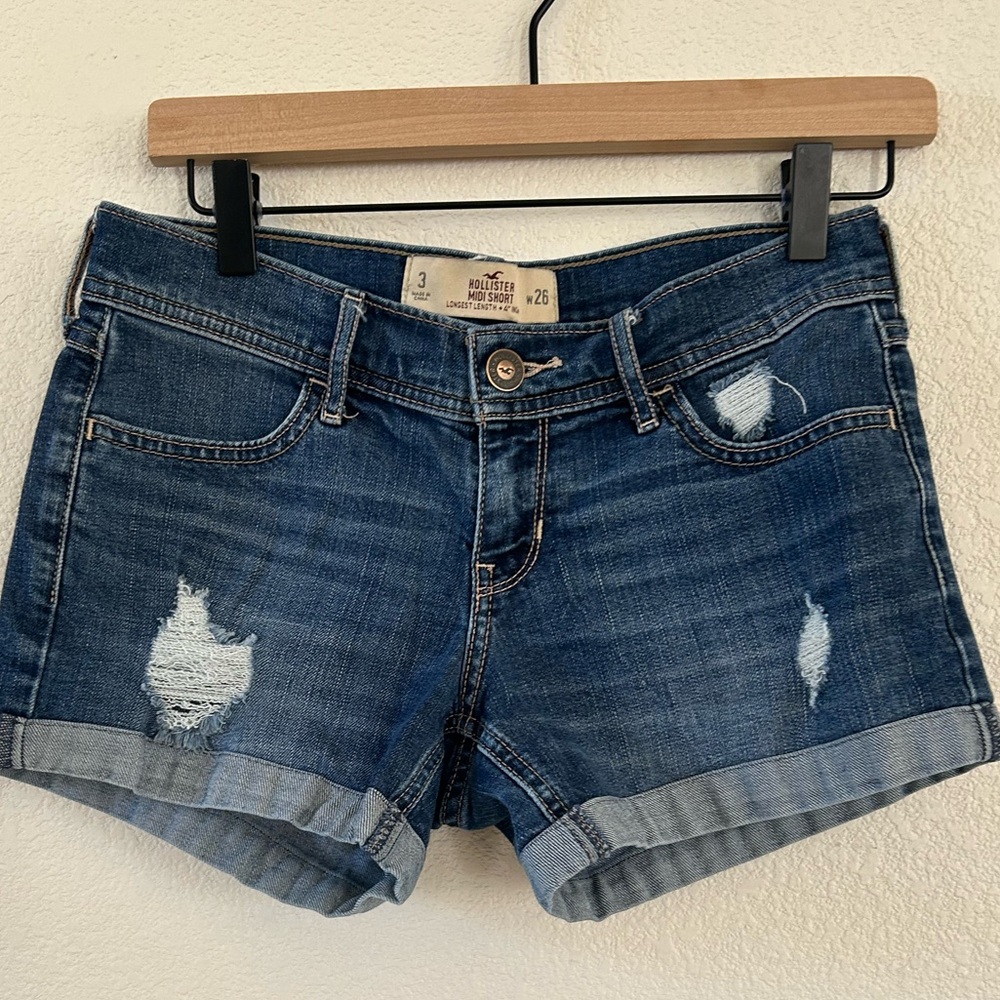 Hollister Distressed Dark Blue Denim Cuffed Shorts